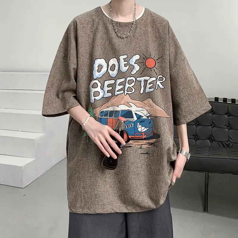sanyamk - Men's Clothing Short Sleeve Round Neck Loose Straight Pullovers Solid Printing Handsome Simple Casual Streetwear T-Shirts