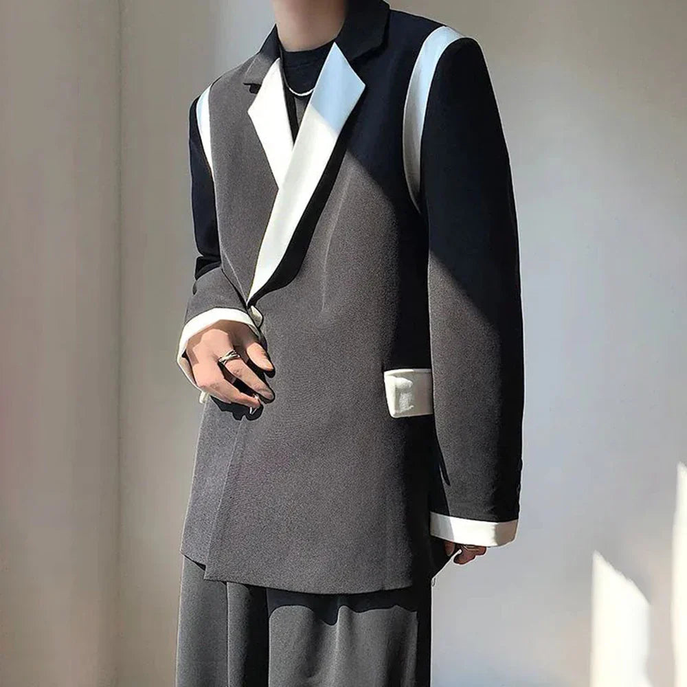 sanyamk Men Blazer Patchwork Lapel Long Sleeve Streewear Button Loose Csual Suits Korean 2024 Fashion Men Thin Coats M-2XL