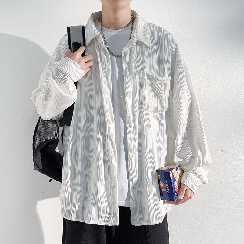 Bonsir Autumn Pleated Shirt Men Fashion 4-color Casual Ice Silk Shirt Mens Japanese Loose Long-sleeved Shirt Mens Large Size M-5XL