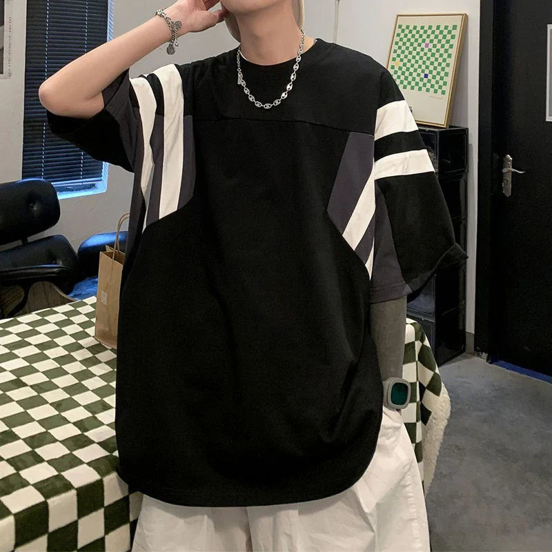 Bonsir Men Clothing Summer Trendy Streetwear Oversized Contrast Color Short Sleeve T-shirt Youth Korean Casual O Neck Hip Hop Y2K Tops