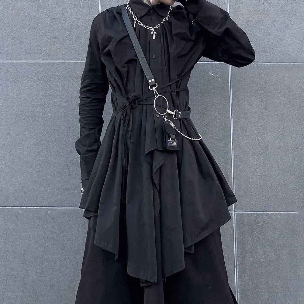 sanyamk Dark Abstinence Long Shirt Men's Simple Personality Strap Shirt Trendy Punk Solid Color Irregular High Street Cardigan Jacket