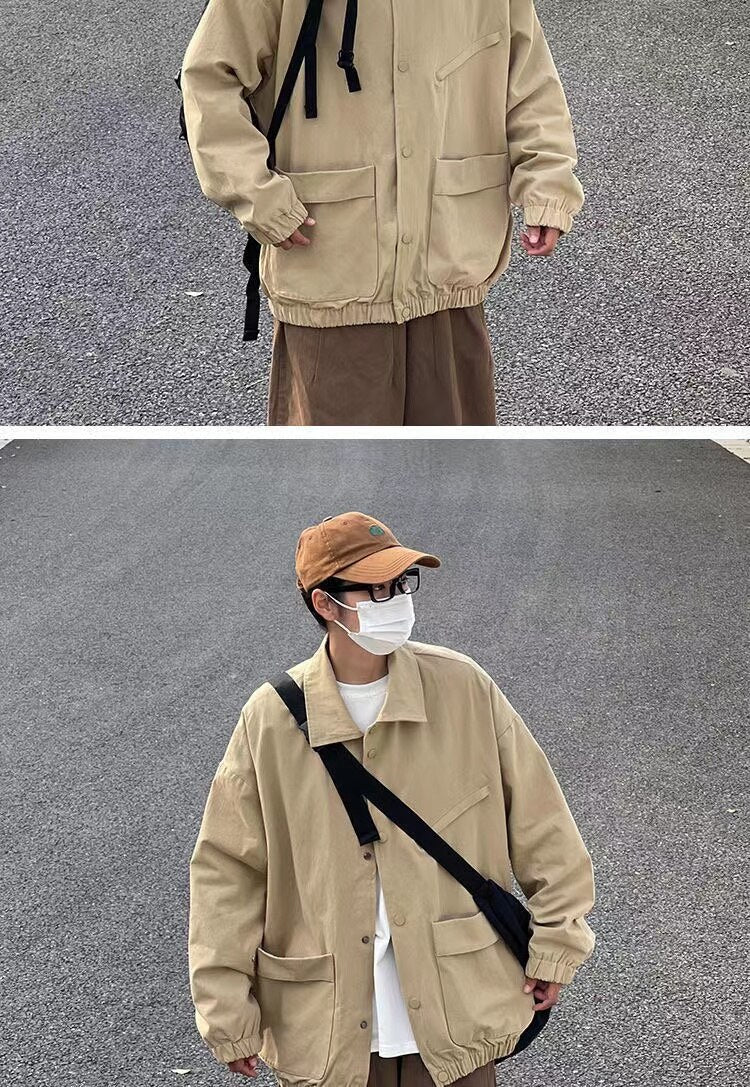 sanyamk Men's Japanese Vintage Lapel Collar Cargo Jackets Work Clothes Harajuku Loose Casual Coats Solid Color Outerwear M-2XL