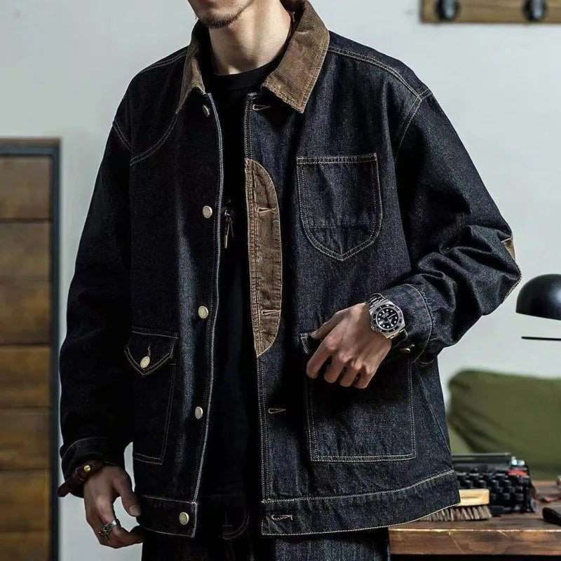 sanyamk Vintage Denim Jackets Men Retro Cargo Jacket Coats Outerwear Coat for Men Distressed Streetwear Japanese Patchwork