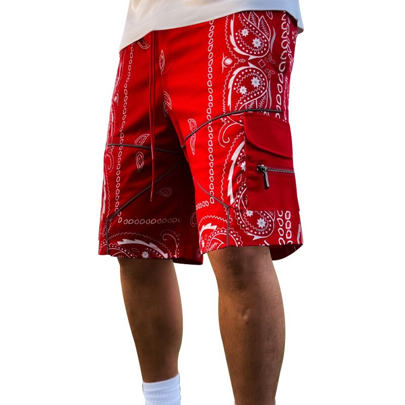 sanyamk Hip Hop Mens Cargo Shorts Fashion Graphic Print Zip-up Patch Pockets Straight Short Pant Streetwear Men Clothing Vintage Shorts