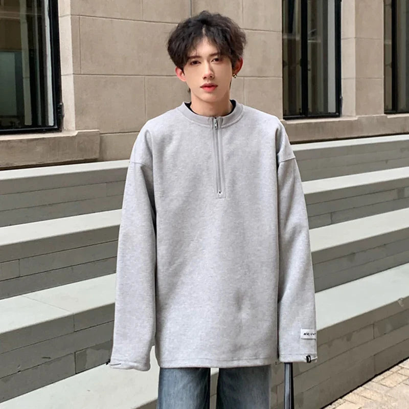 sanyamk - Korean Style Men's Sweatshirts Zippers Round Collar Soldi Color New Trendy Pullover Loose Male Pullover Tops Autumn 9C5565