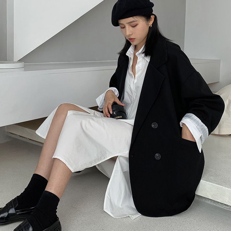 sanyamk New 2022 Vintage Loose Women Solid Blazer Autumn Chic Double Breasted Female Long Sleeve Suit Jackets Stylish Ladies Blazer