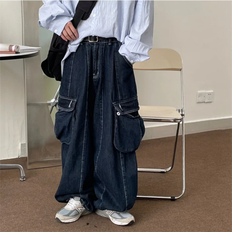 Bonsir Baggy Cargo Jeans big pocket Trousers Male Denim Pants Wide Leg Pant women's Jeans Loose Casual Streetwear Hip Hop Harajuku