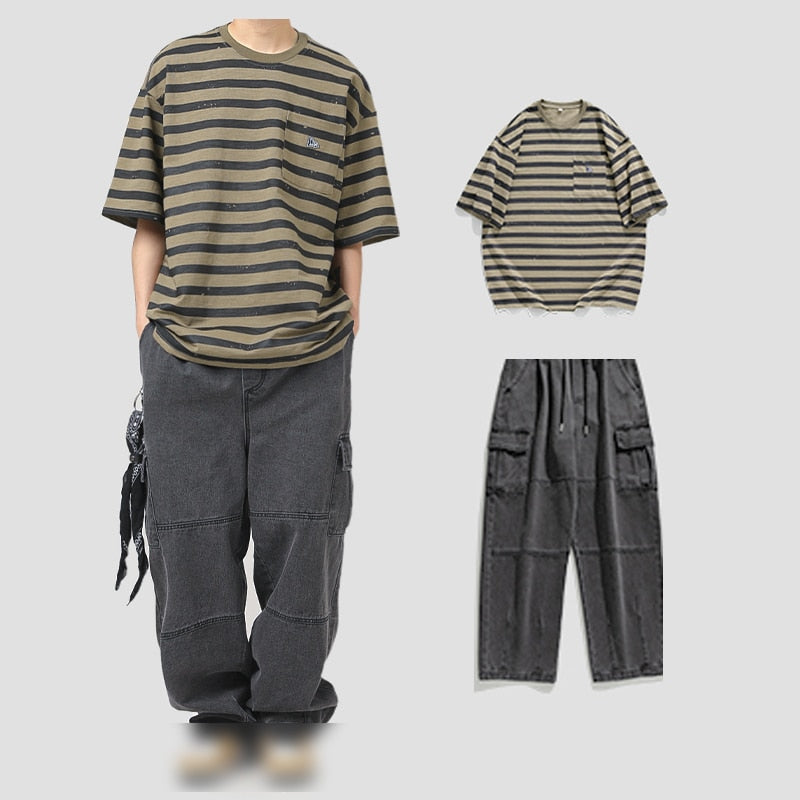 sanyamk Korean Style Men's Suit Retro Striped Pocket T-shirt Harajuku Street Straight Pants Japanese Double Pleated Jeans