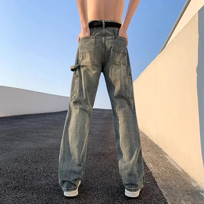 sanyamk American street hip-hop straight leg personalized design for men and women trendy loose leg jeans washed retro casual pants y2k