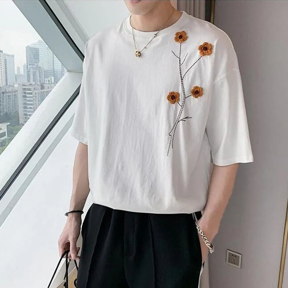 Bonsir T Shirts for Men New Summer French Short Sleeve HipHop Embroidery Solid Color O-Neck Shirt Men Clothing Mens Streetwear Top Tees