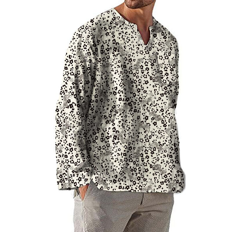 Bonsir Autumn Mens Vintage Pattern Print Tops Casual Loose Long Sleeve V Neck Pullover Men T Shirts Fashion Clothes Fall Tee Shirt