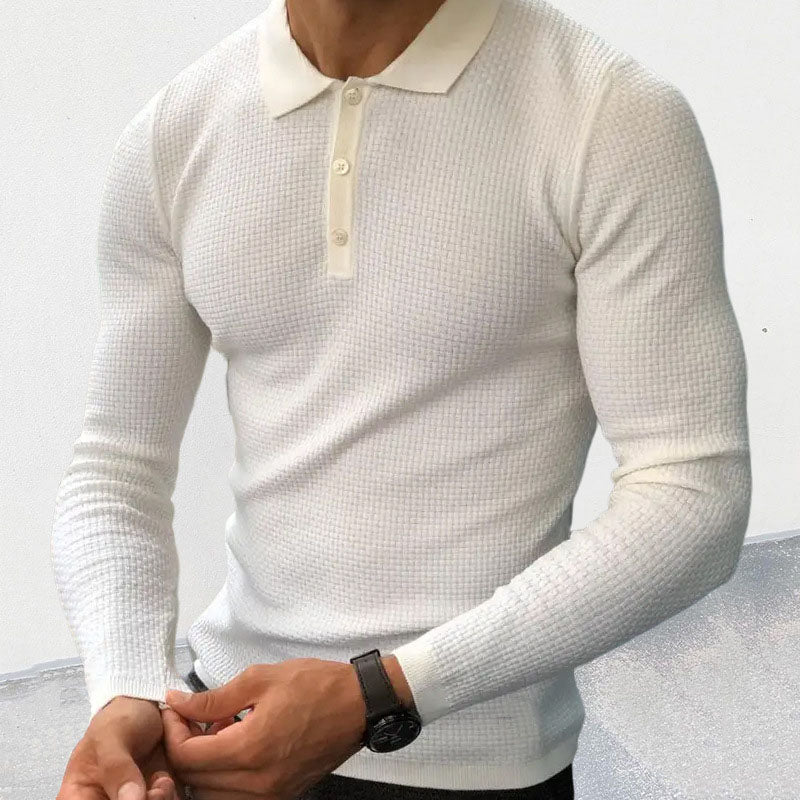 Bonsir Fall Men Polo Shirts Knitted Slim Elastic Long Sleeve Tops Vintage Solid Color Turn-down Collar Buttoned Pullover Men's T-Shirt