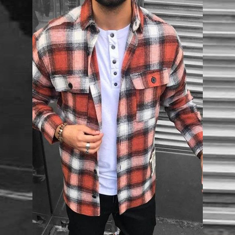 Bonsir Casual Long Sleeve Mens Jackets Button-up Turn-down Collar Cardigans Tops Autumn Men Fashion Plaid Printed Coats Outerwear