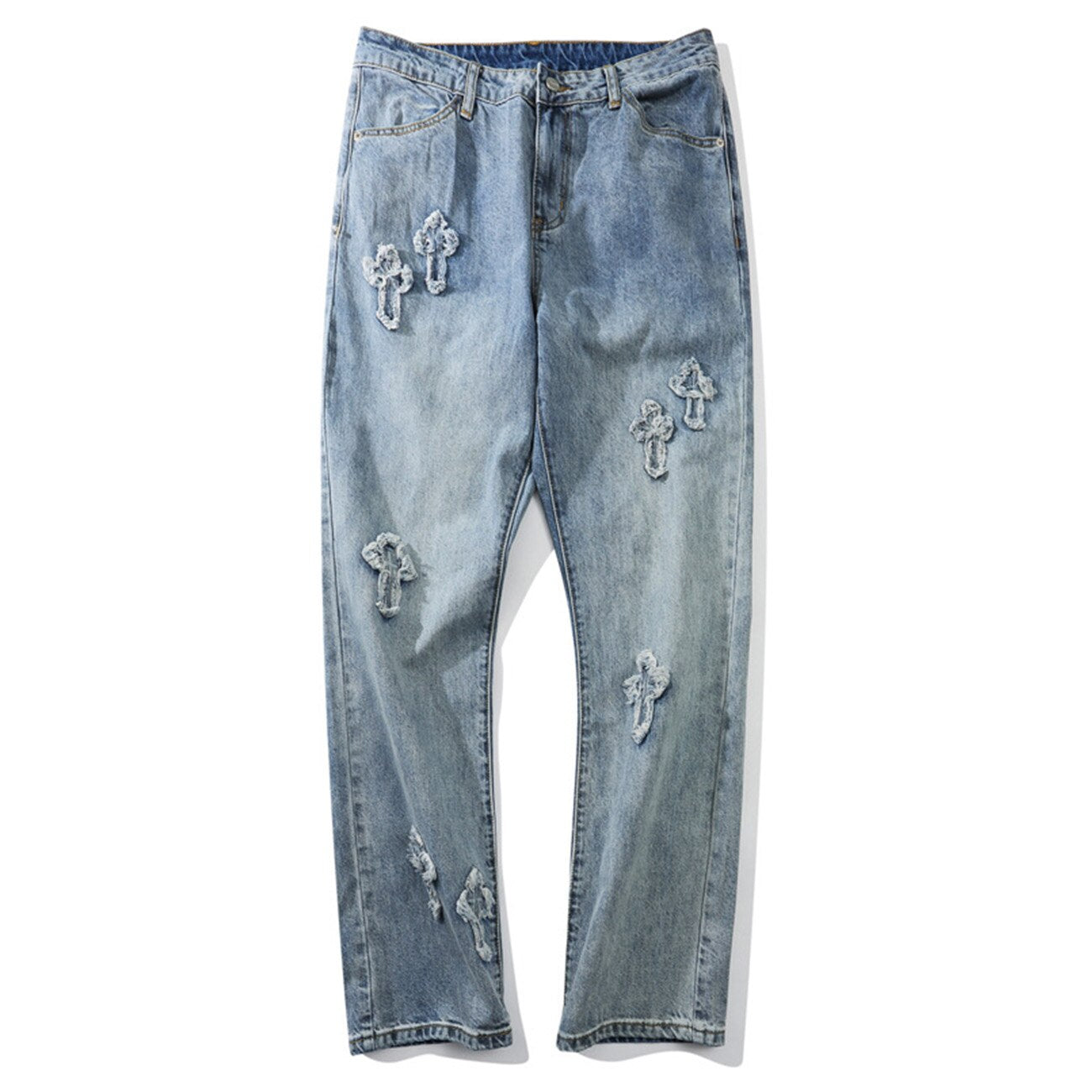 sanyamk Cross Patch Jeans Men Hip Hop Streetwear Fashion Vintage Pants High Street Pants White Baggy Denim Light Color Jeans