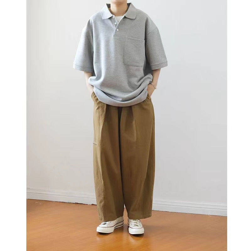 Bonsir Summer Men's Japanese Style Vintage Solid Color T-shirts Loose Casual Lapel Collar Short Sleeve Tshirt High-quality T Shirt