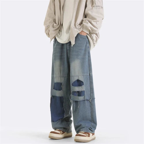 Bonsir American Splicing Niche Jeans Men's High Street Straight Wide Leg Drape Causal Loose Floor Mopping Trousers Male Clothes