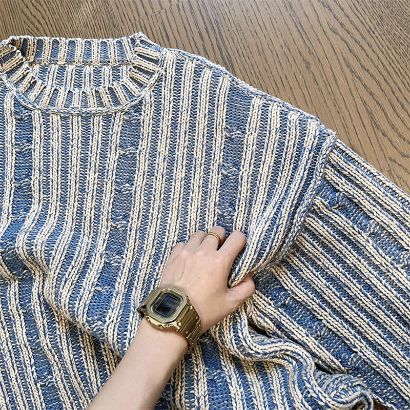 sanyamk - Fashionable Striped Knitting Sweaters Men Autumn Streetwear Y2K Loose O Neck Long Sleeve Knit T-shirts Mens Vintage Sweater Tops