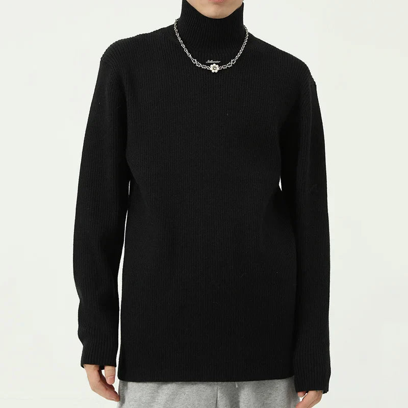 Bonsir - Wear Men's Autumn Winter New Turtleneck Sweater Korean Tide Simple Metal Accessories Design Knitted Pullover Tops 2Y2424
