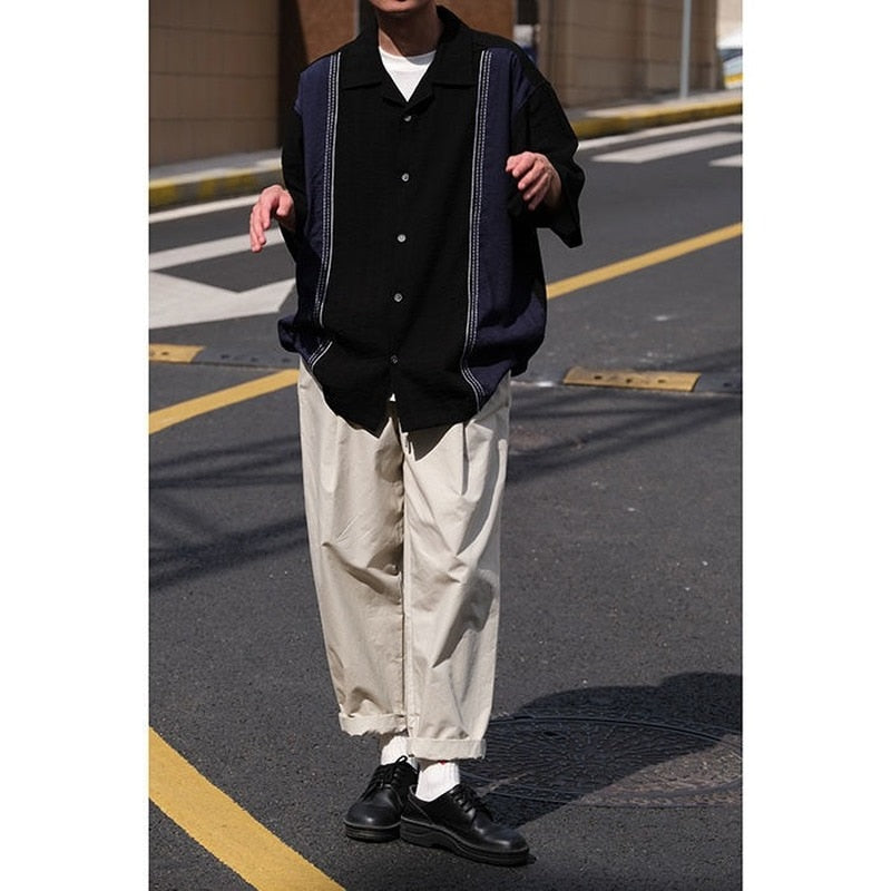 sanyamk Japanese Fashion Summer Niche Design Loose Patchwork Vintage Tshirt Men Contrast Color Cuban Collar Short sleeve Shirt Men