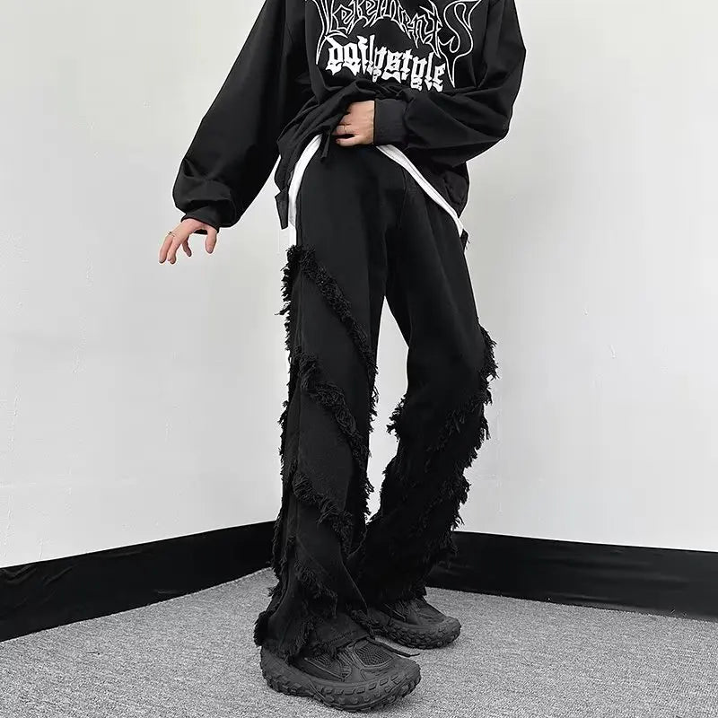 sanyamk Gothic Style Factory Tassels Versatile Slim Edge Washed Denim Casual Flare Men Pants Darkwear Solid Color Male Trousers