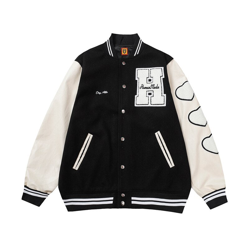 Bonsir Flocking Letter Embroidery Patchwork Human Made Wool Coat for Male and Female Retro Leather Sleeve Oversized Autumn Jackets