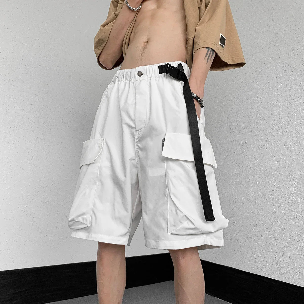 Bonsir Men Summer Cargo Shorts Buttons Loose Casual Multi-Pocket Baggy Streetwear Hip Hop Black Shorts