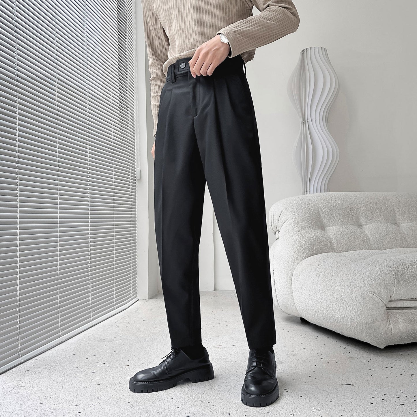sanyamk Men's Fashion Trend Casual Pants Men Slim Fit Social Business Suit Pants Loose Formal Beige/black Color Trousers S-XL