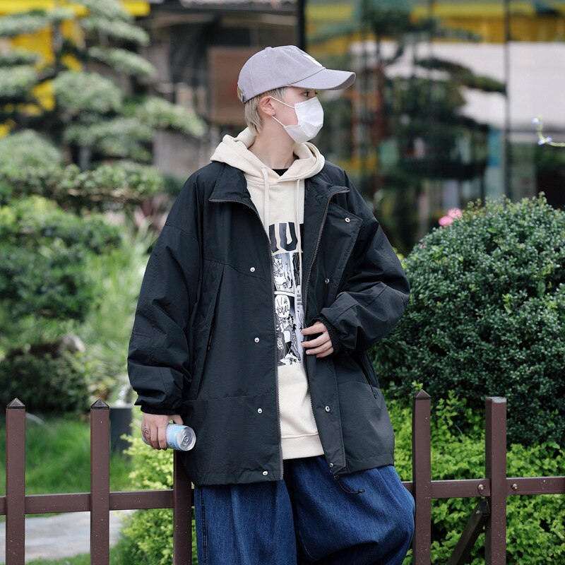 Bonsir Vintage Jacket Men's Spring and Autumn Loose Japanese Casual High Streetwear Workwear Long Sleeve Solid Color Coat