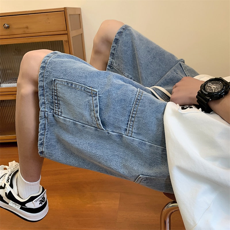 Bonsir Summer Denim Shorts Men Fashion Vintage Pocket Denim Shorts Mens Japanese Streetwear Hip-hop Loose Cargo Jeans Shorts Men M-3XL