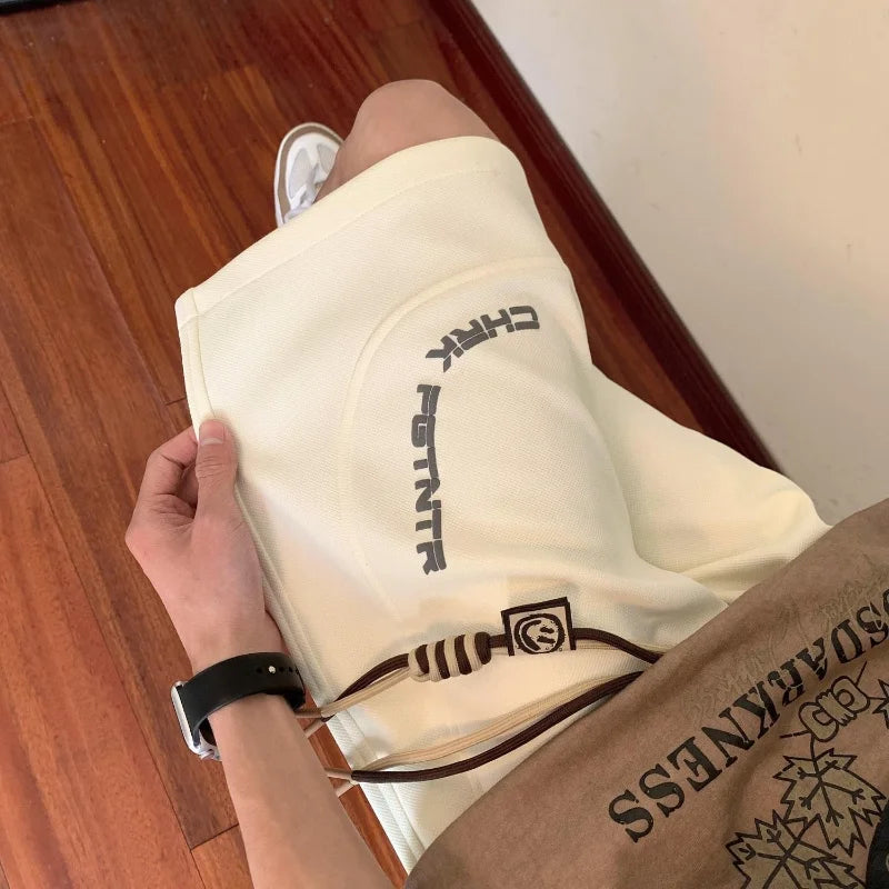 Bonsir Summer New Sports Loose American Vintage Fashion Casual All-match Solid Color Letter Printed Spliced Drawstring Shorts