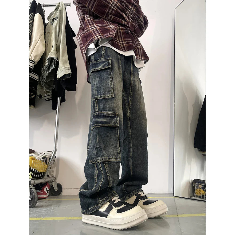 sanyamk New Men's Patchwork Muti-pockets Cargo Jeans Unisex Straight Casual Trousers Men Hip Hop Streetwear Vintage Fashion Pants