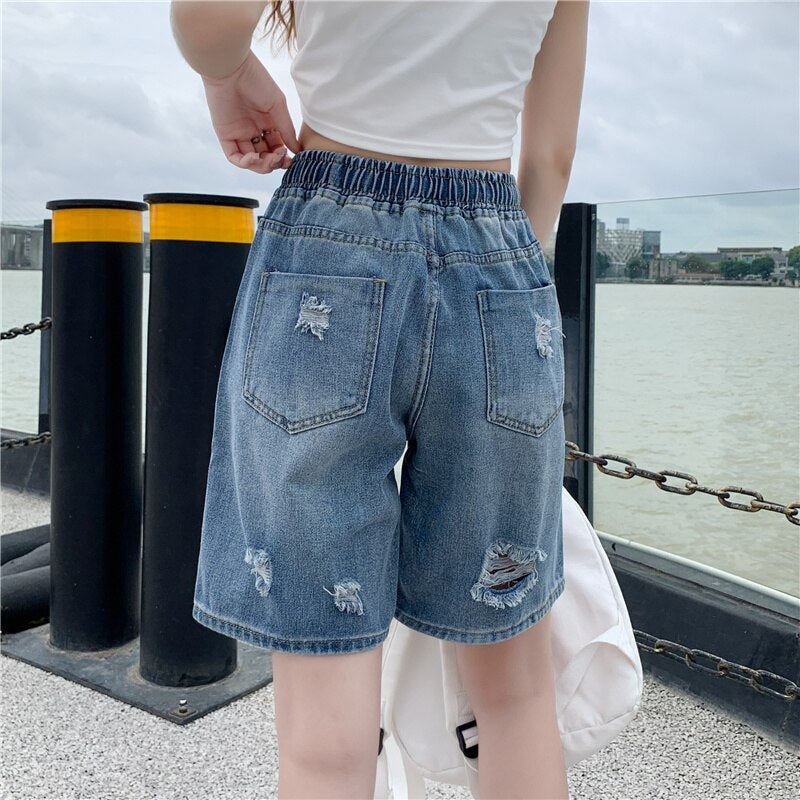 Bonsir Men's Denim Shorts Letter Embroidery Ripped Hole Short Jeans Women Wide Leg Shorts Hip Hop Drawstring Vintage Denim Pants Summer