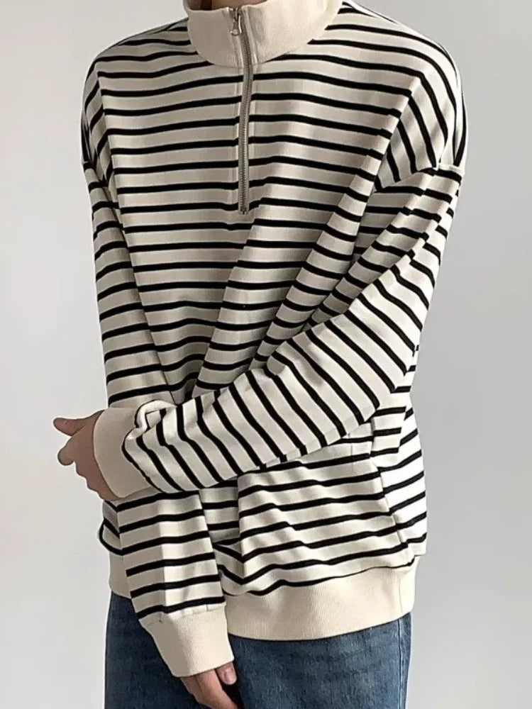 sanyamk - Striped Sweatshirts Men Chic High Street Loose O-Neck All-match Korean Style Casual Unisex Clothing Daily Simple Autumn College