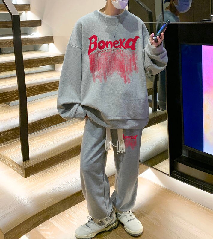 sanyamk Men's Graffiti Letter Printed Sweatshirt Sets Streetwear Oversized Casual Two Piece Tops Pants Suit Male 5XL Clothing