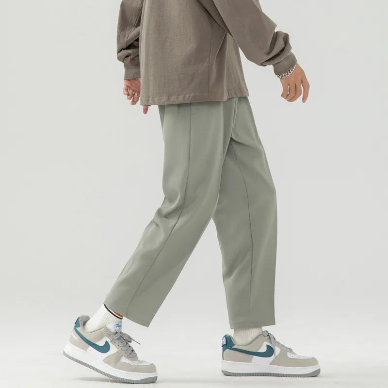 sanyamk - Solid Color Suit Pants Men Fashion Society Mens Dress Pants Korean Loose Straight Wide Leg Pants Mens Office Formal Trousers