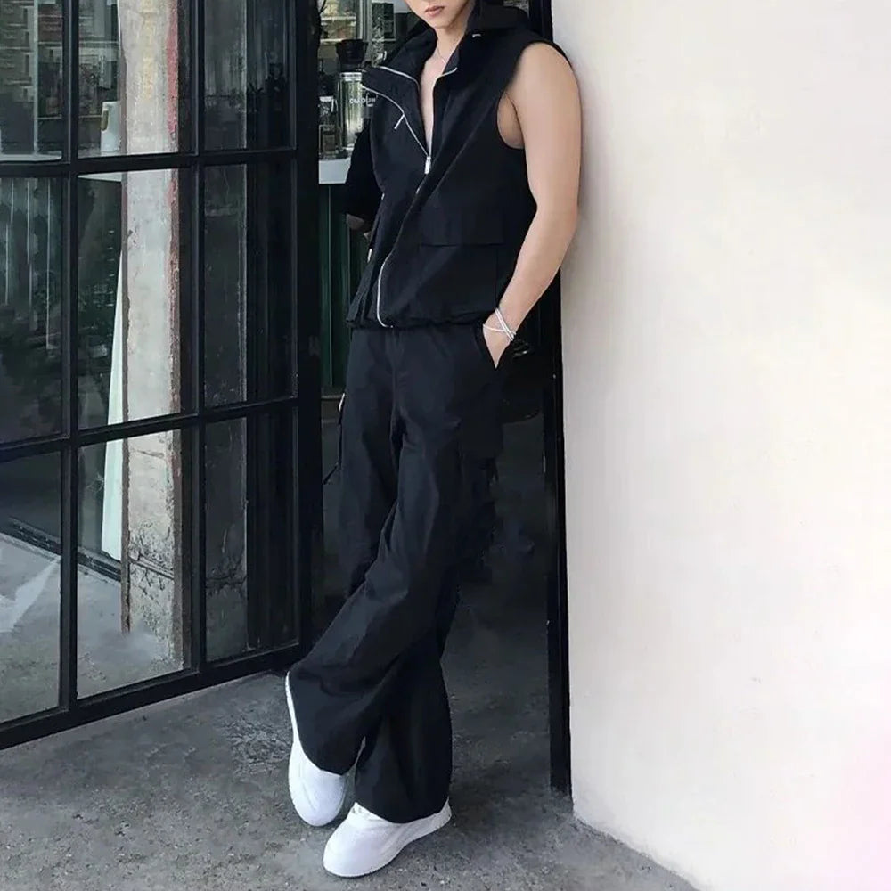 sanyamk Mens Y2k Functional Multi-Pocket Casual Hooded Vest 2024 New Genderless Fashion Loose Solid Color Sleeveless Tank Top Unisex