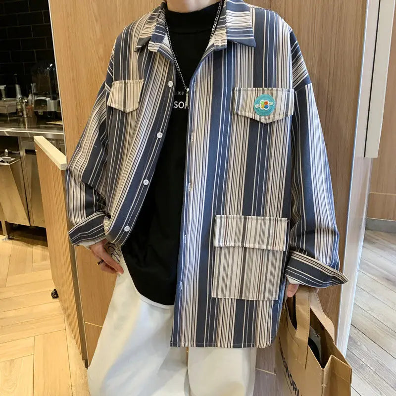 sanyamk - Streetwear Young Style Loose Korean Fashion Shirts Casual Striped Handsome Button Pockets Man Spring Summer Men's Clothing
