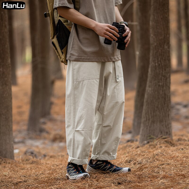 Bonsir Spring/Summer New Korean Street Fashion Men's Loose Belt Design Pleated Casual Pants Men's Retro Wide leg Cargo Pants