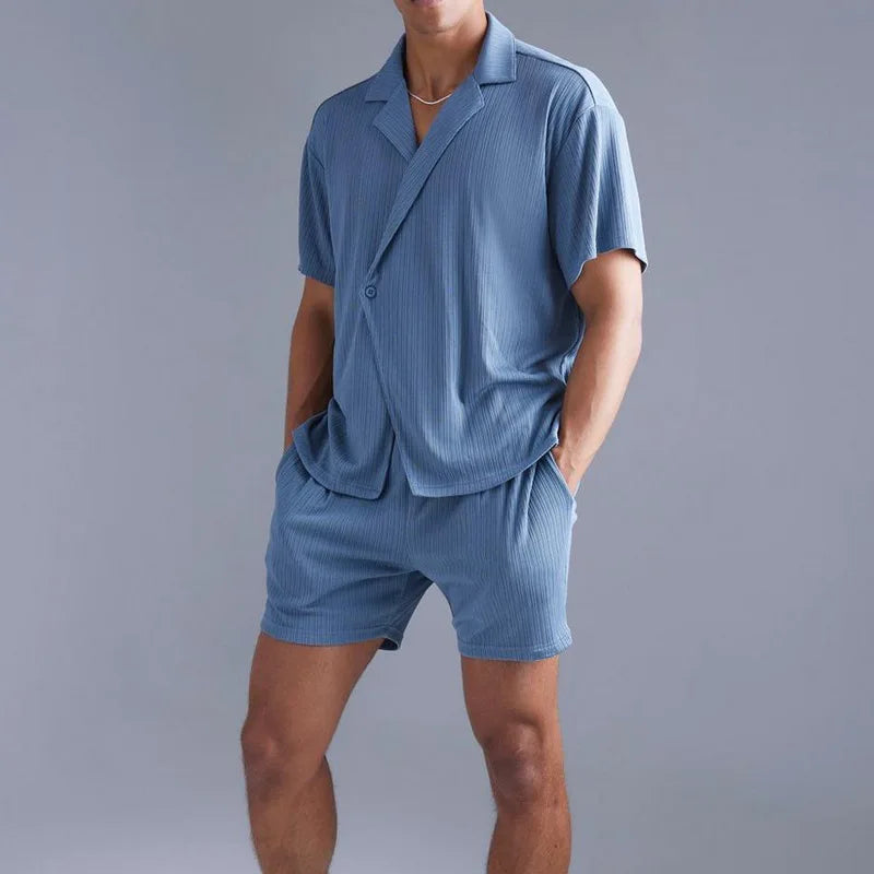 sanyamk - Trendy Buttoned Lapel Shirts And Shorts Mens Two Piece Sets Spring Summer Beach Casual Breathable Thin Solid Color Shirt Outfit