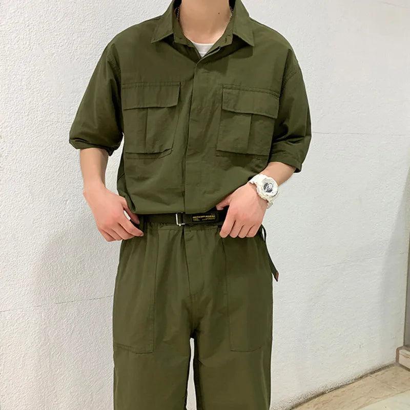 Bonsir - Mens Cargo Overalls Solid Color Lapel Short Sleeve Casual Jumpsuits Multi Pockets Loose Streetwear Rompers with Belt
