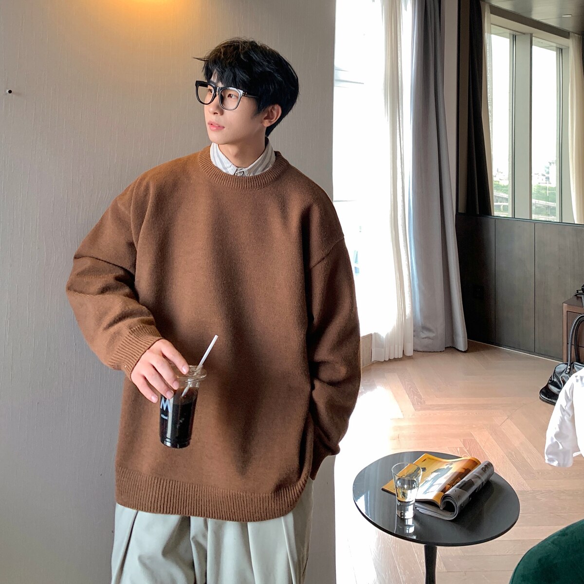 sanyamk Mens Solid Harajuku Warm Knitted Sweaters Pullover Men Vintage 15 Colors Winter Sweater Male Japanese Wool Sweater