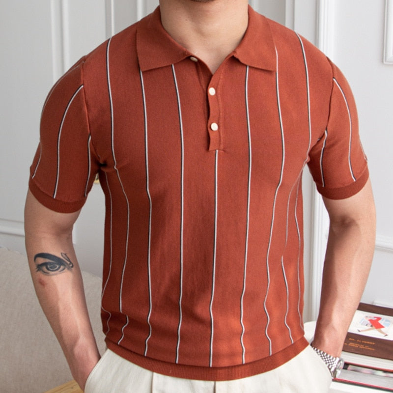 sanyamk Contrasting Stripes Casual Slim Lapel Polo Summer Knit Lapel T-shirt Polo Camisa Hombre British Men's Shirt Mannen Polo