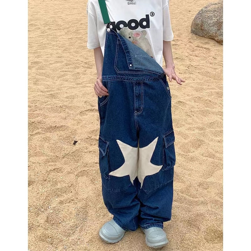 sanyamk Women's Vintage Fashion Romper Jumpsuit Star Printing Denim Suspenders American Streetwear Casual Pants Trend Trousers S-XL