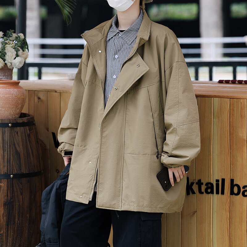 Bonsir Vintage Jacket Men's Spring and Autumn Loose Japanese Casual High Streetwear Workwear Long Sleeve Solid Color Coat