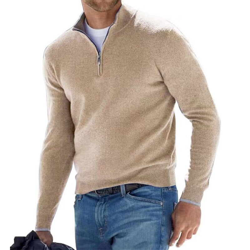 sanyamk Autumn Mens Solid Color Knitted Polo Shirt Fashion Simple Zipper Stand Collar Sweaters For Men Winter Casual Long Sleeve Sweater