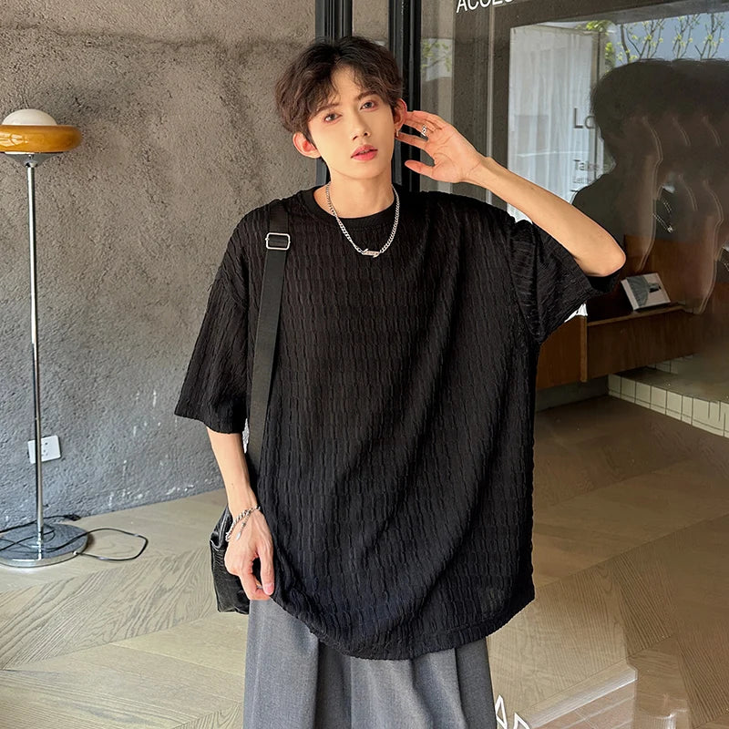 Bonsir White O-neck Pleated Stripe T-shirt for Men Vintage Large Size Breathable Soft Short Sleeved T-shirt Summer Loose Casual Tops