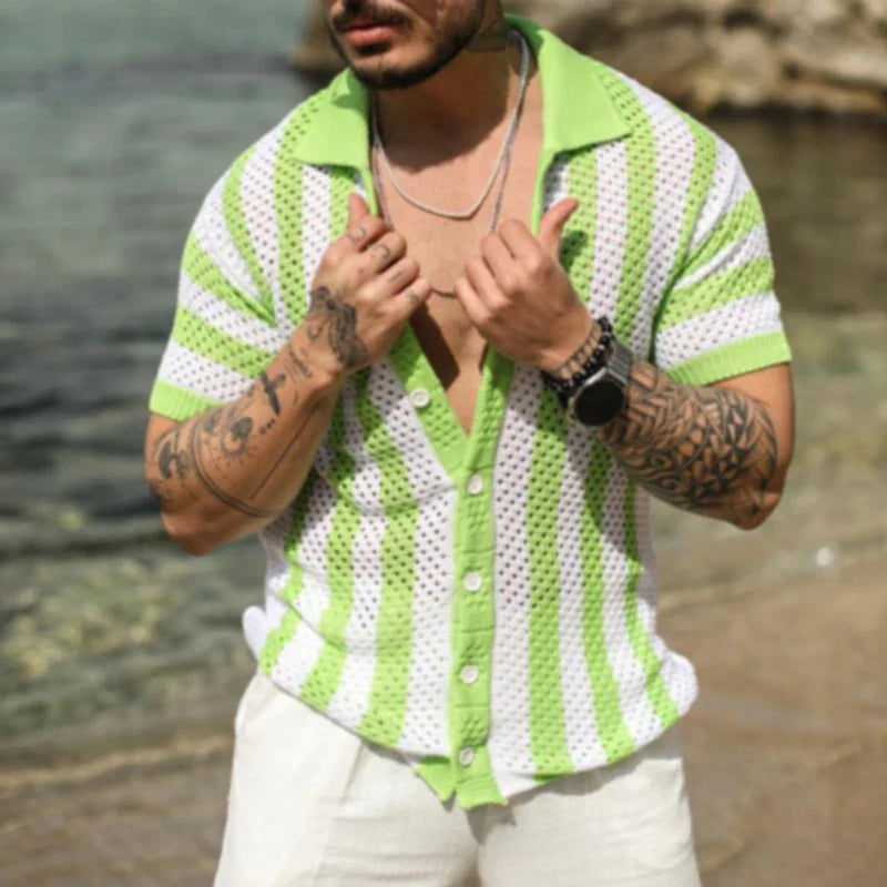 sanyamk - Male Collar Button-up Cardigan Social Shirt Men Clothing Hollow Loose T-shirts 2yk Top Fashion Striped Stitch Polos Shirts