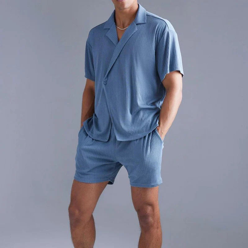 sanyamk - Trendy Buttoned Lapel Shirts And Shorts Mens Two Piece Sets Spring Summer Beach Casual Breathable Thin Solid Color Shirt Outfit