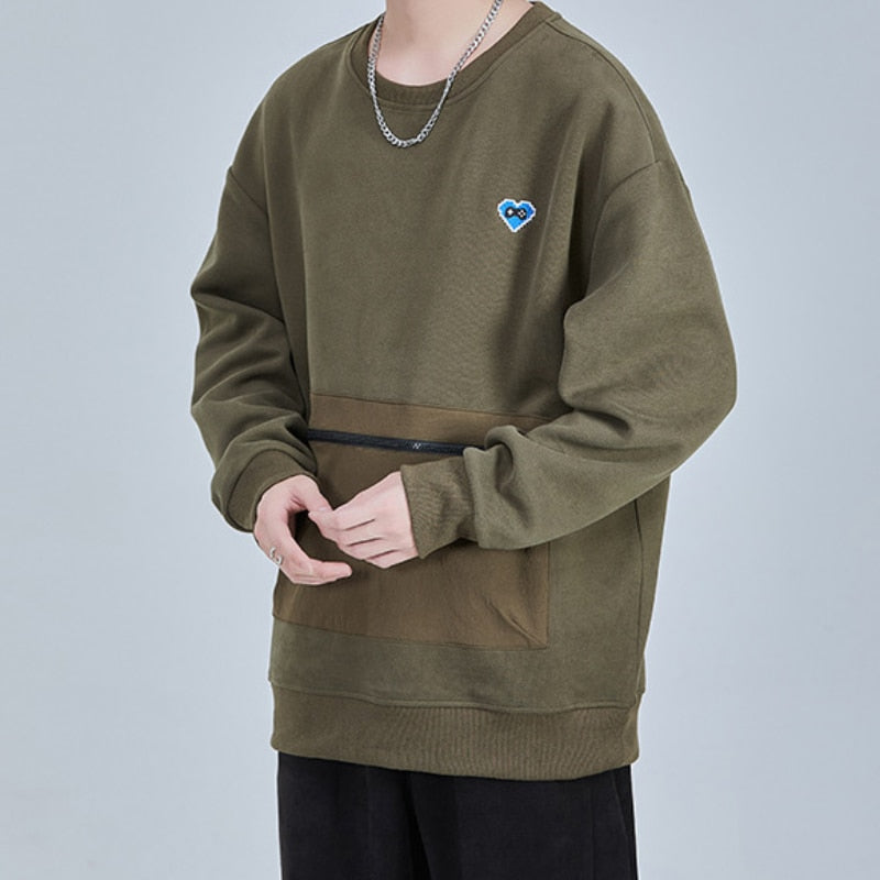 Bonsir American High Street Sweatshirt Men Hiphop Hoodless Long Sleeve Shirt Spring Autumn Urban Simple Zipper Pockets Pullover Tops
