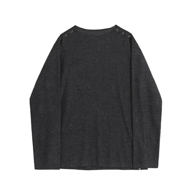 sanyamk - Niche Design Men's T-shirts Round Collar Casual Metal Button Tees Long Sleeve Loose Solid Color Male Top New Fashion 9C7904